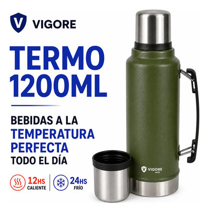 Termo Acero Inoxidable 1.2l Asa Plegable Hermético 2 Paredes Verde