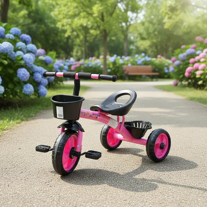 Triciclo Bicicleta Infantil 3 Ruedas Pedales 2 Canasto Acero Rosa