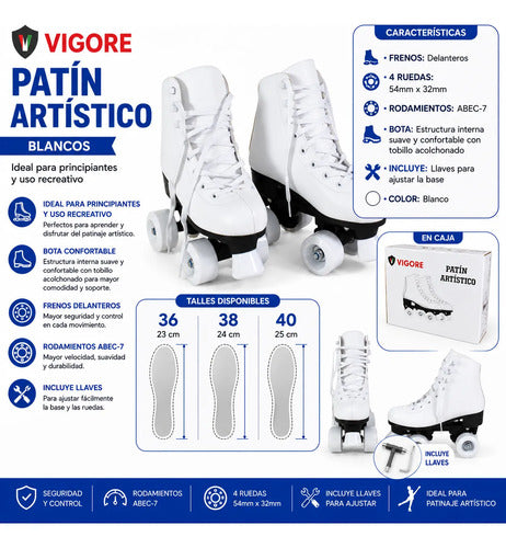 Patines Artísticos 4 Ruedas Abec-7 Bota Acolchada Blancos 36 54 Mm Blanco
