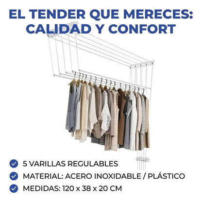 Tender Techo Regulable 5 Varillas Acero Inoxidable 120x38cm Blanco