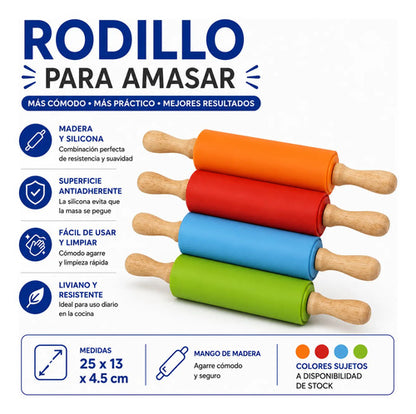 Rodillo Palo Amasar Silicona Madera Y Silicona 25cm Mango Verde