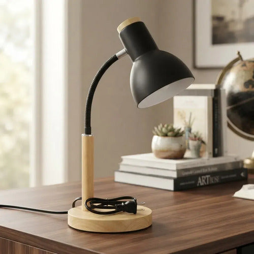 Lámpara Mesa Escritorio Flexible Base Madera E27 Blanco