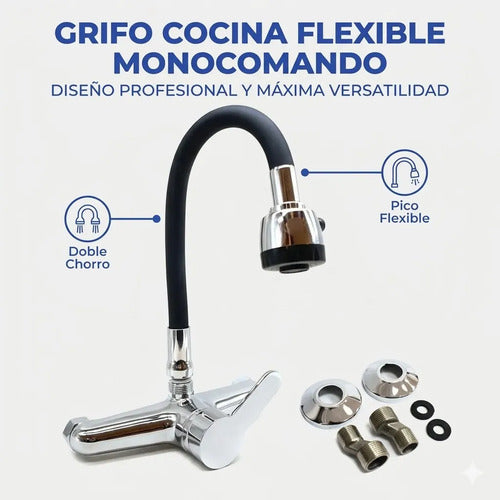 Monocomando Mesada Grifo Cocina Canilla Griferia Flexible Plateado Con Negro