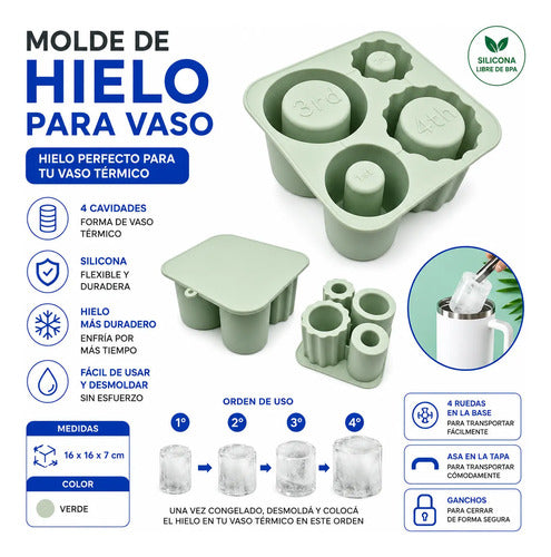 Molde De Silicona Flexible Para Hielo Vaso Térmico 4 Ranuras Verde