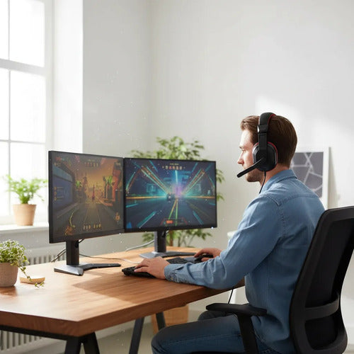 Auricular Gamer Control Volumen Micrófono Vincha Ajustable Negro Con Rojo