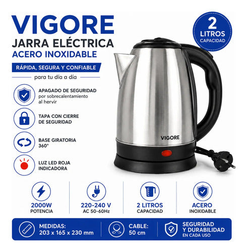 Jarra Hervidor Pava Electrica Acero Inoxidable 2l Led Gris