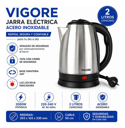 Jarra Hervidor Pava Electrica Acero Inoxidable 2l Led Gris