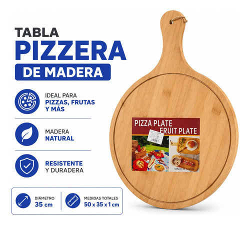 Tabla Pizzera Madera Mango 50x35cm Redonda Picar Cortar Pizzera Con Mango Marrón