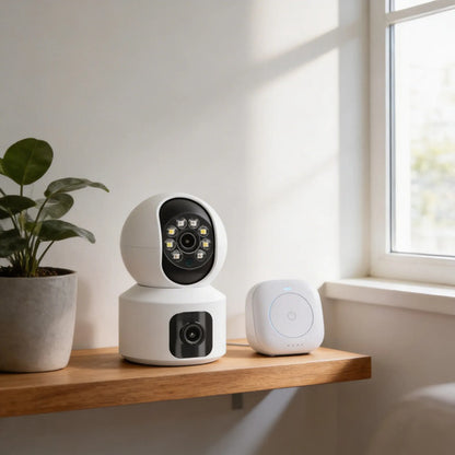 Camara Seguridad Interior Doble Lente Wifi App Ios Android Blanco