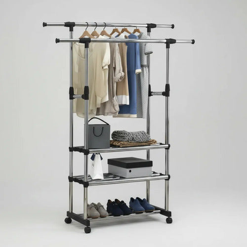 Perchero Ropero Doble Extensible Rueda Organizador 155 Metal Negro