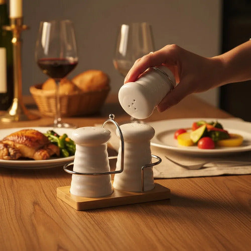Set Salero Pimentero Porcelana Base Bambú Cerámica Soporte Blanco Y Madera Natural