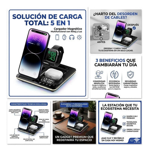 Cargador Magnetico Inalambrico 5 En 1 Celular Reloj Ios Rgb Negro