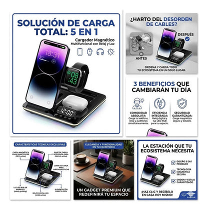 Cargador Magnetico Inalambrico 5 En 1 Celular Reloj Ios Rgb Negro