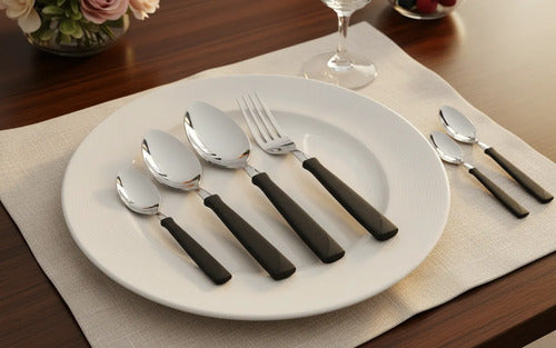 Set Juego De Cubiertos Pack X24 Piezas Pote Plastico Acero Negro