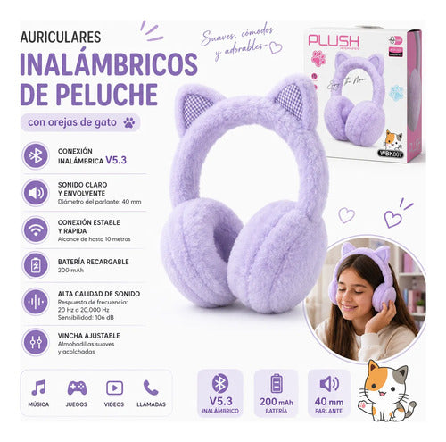 Auriculares Inalámbricos Peluche Orejas Gato V5.3 Lila Violeta