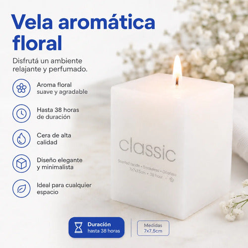 Vela Aromática Floral Cuadrada Perfumada Cera 7x7,5cm 38hrs Blanco