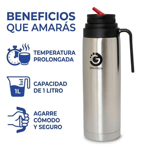 Termo Acero Inoxidable Doble Pared Aislamiento Vacio 1 Litro Plateado