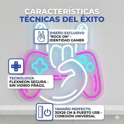 Letrero Cartel Neon Luminoso Gamer Mano Con Gamepad Usb Dimm Blanco