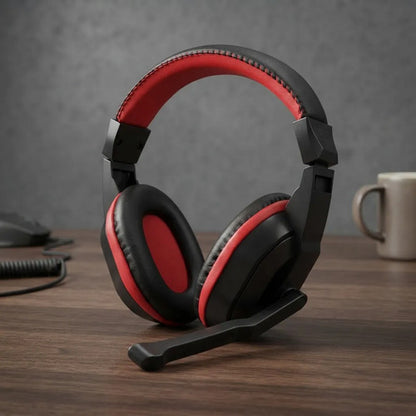 Auricular Gamer Control Volumen Micrófono Vincha Ajustable Negro Con Rojo