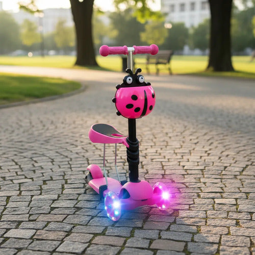 Scooter Infantil 2 En 1 Asiento Luz Rueda Ajustable Tripatín Rosa