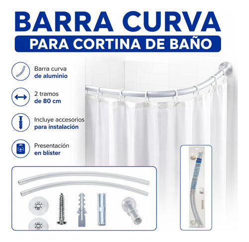 Barra Curva Aluminio Cortina Baño 2 Tramos 160cm 80cm C/u Blanco