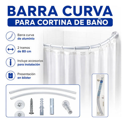Barra Curva Aluminio Cortina Baño 2 Tramos 160cm 80cm C/u Blanco