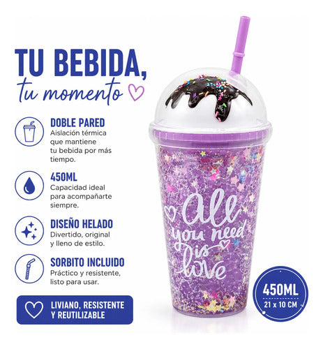 Vaso Acrílico Helado Doble Pared Sorbito 450ml Tapa Lila