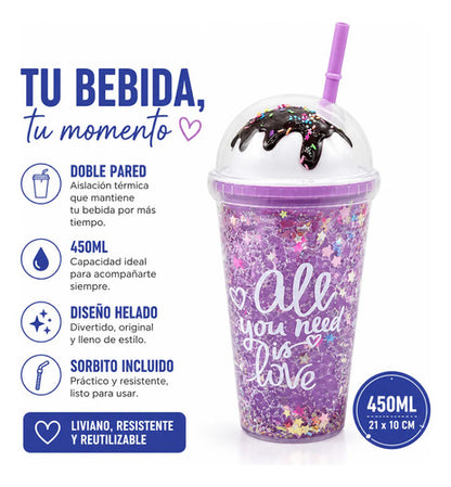 Vaso Acrílico Helado Doble Pared Sorbito 450ml Tapa Lila