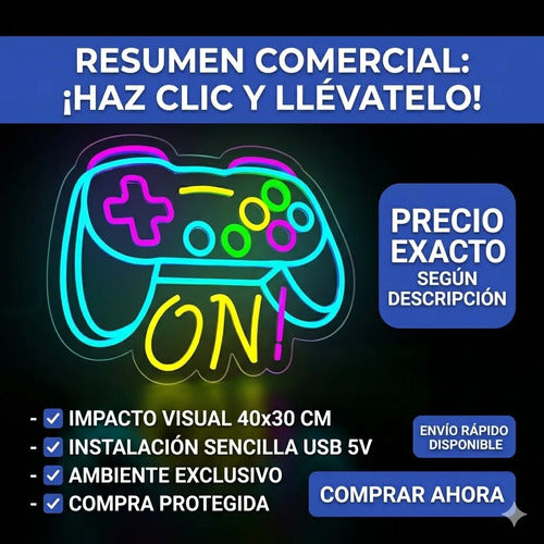 Letrero Cartel Neon Joystick On Gamer Pared Habitacion Usb Multicolor