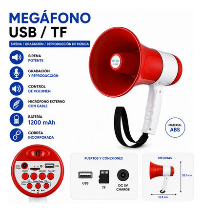 Megáfono Portátil Recargable Usb Sirena Grabación Micrófono Rojo Y Blanco