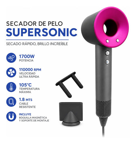 Secador De Pelo Alta Velocidad 110000 Rpm Magnético Gris Y Fucsia