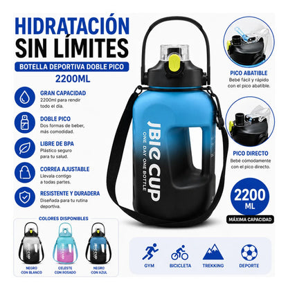 Botella Agua Deportiva 2.2l Doble Pico Deportiva Correa Negro Con Blanco