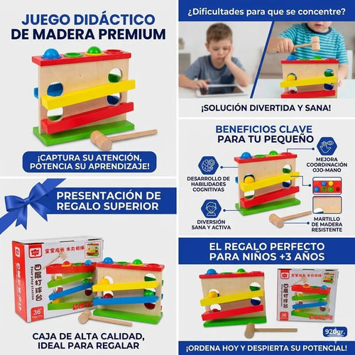 Juegos Didacticos Infantil Madera Martillo Pelotas Habilidad Madera Natural Clara Con Acabados Pulidos