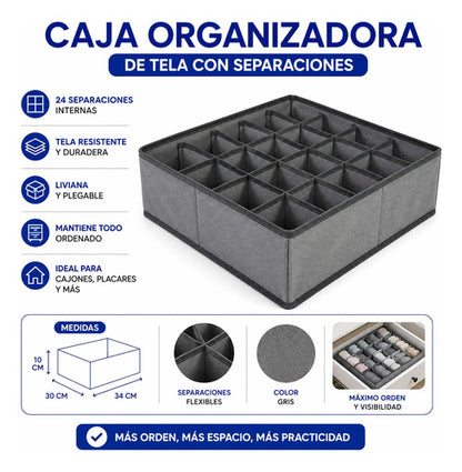 Caja Organizadora Tela 24 Divisiones Ropa Interior 34x30cm Gris