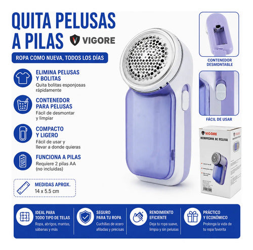 Removedor Quitapelusas Ropa Portátil 2 Pila Aa Depósito 14cm Lila