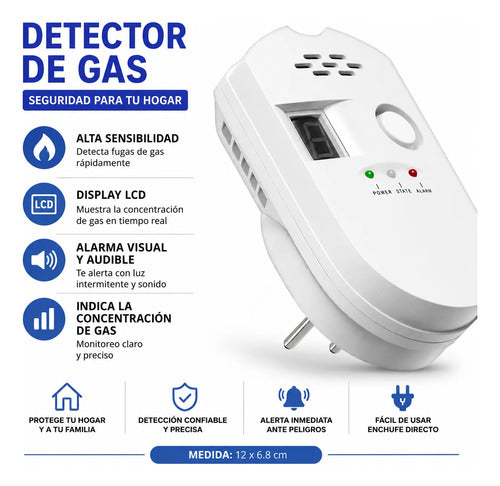 Detector Sensor Gas Enchufable Alarma Sonora Display Lcd Blanco