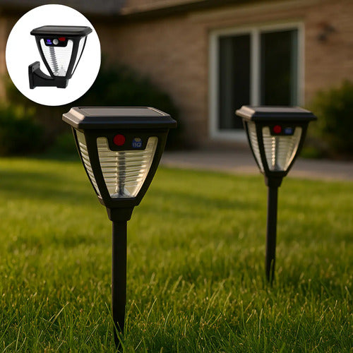 Set X2 Farol Solar Exterior Foco Lampara Led Estaca Jardin Negro
