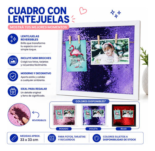 Cuadro Decorativo Portafotos Con Lentejuelas 33cm Cuadrado Aleatorio