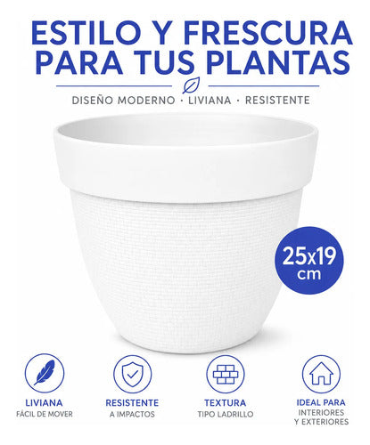 Maceta Plástica Decorativa Texturizada Redonda 25cm Ladrillo Blanco