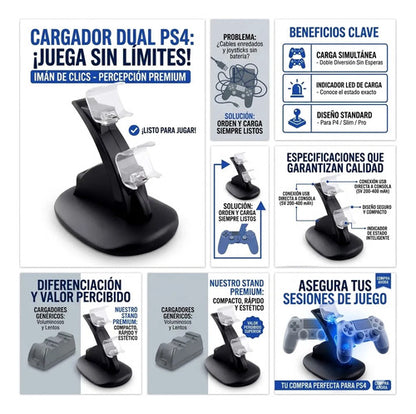 Base Cargador Doble Joystick Consolas Usb Indicador Led P4 Negro