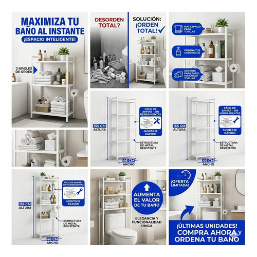 Organizador Estantes Baño Sobre Inodoro 3 Nivel Metal 155x46 Negro