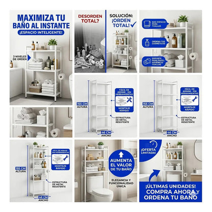Organizador Estantes Baño Sobre Inodoro 3 Nivel Metal 155x46 Negro