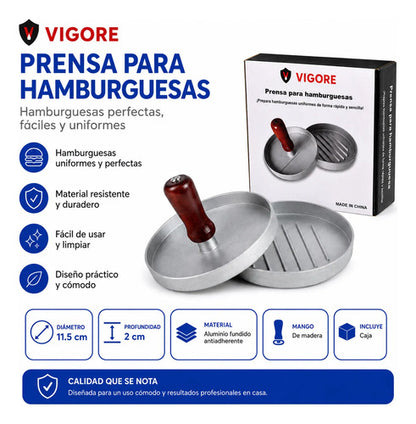 Molde Prensa Hamburguesa Aluminio Mango Madera Antiadherente Aluminio