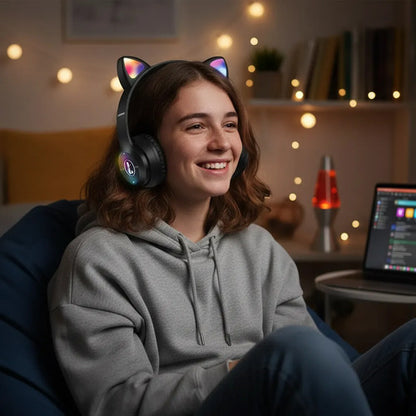 Auricular Orejas Gato Vincha Bluetooth Tf Micrófono Infantil Negro