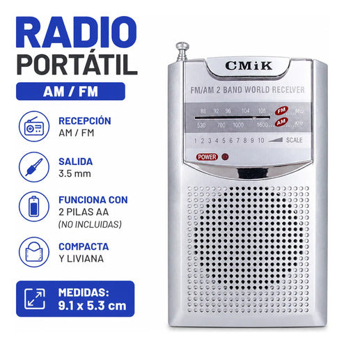 Radio Am Fm Portátil Pilas Aa Salida 3.5 Receptor Bolsillo Gris
