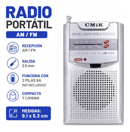 Radio Am Fm Portátil Pilas Aa Salida 3.5 Receptor Bolsillo Gris