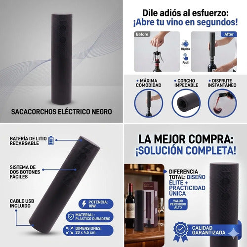 Destapador Vino Electrico Recargable Sacacorchos Automatico Negro