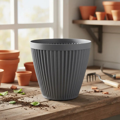 Maceta Grande Plastica Decorativa 34x33cm Jardin Exterior Gris Acanalado Vertical