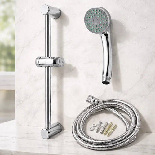 Set Ducha Baño Manual Soporte Ajustable Manguera Flexible Plateado Cromado