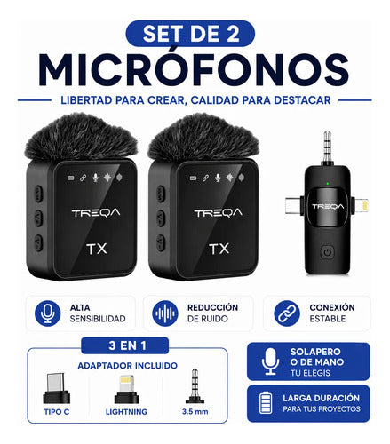 Set 2 Micrófonos Solaperos Inalámbrico Usb C Mano 3 En 1 Ios Negro